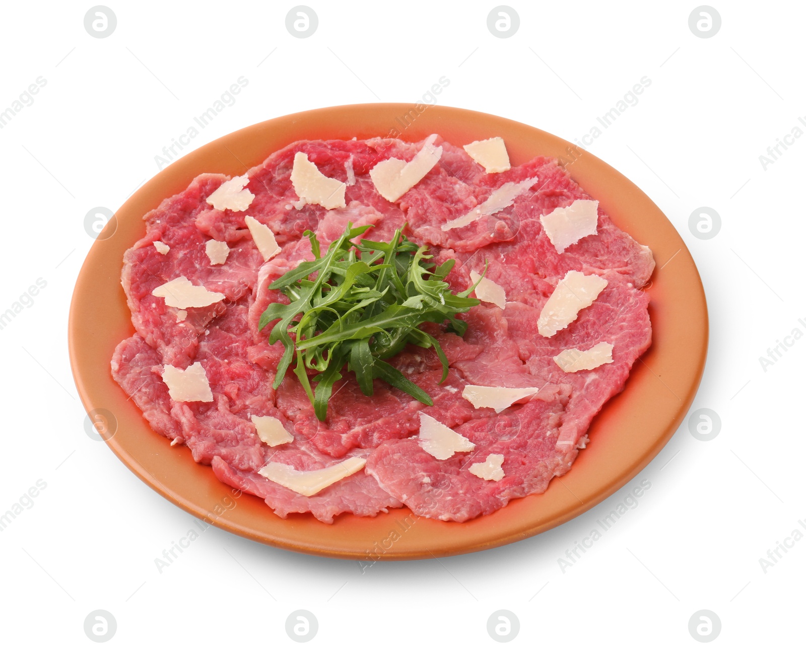 Photo of Fresh beef carpaccio with arugula and cheese isolated white