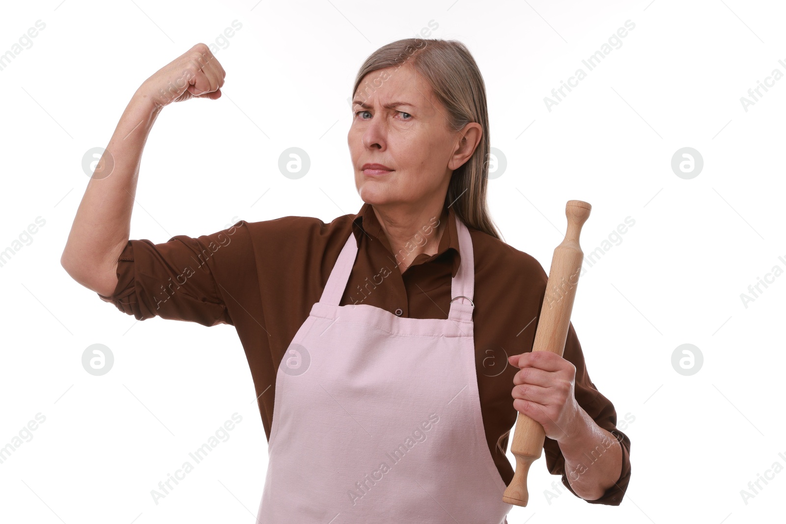 Photo of Woman with rolling pin on white background