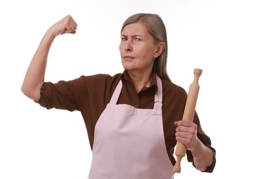 Photo of Woman with rolling pin on white background