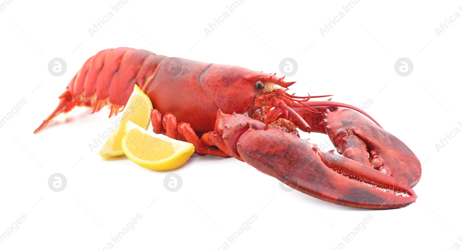 Photo of Tasty boiled lobster and lemon isolated on white