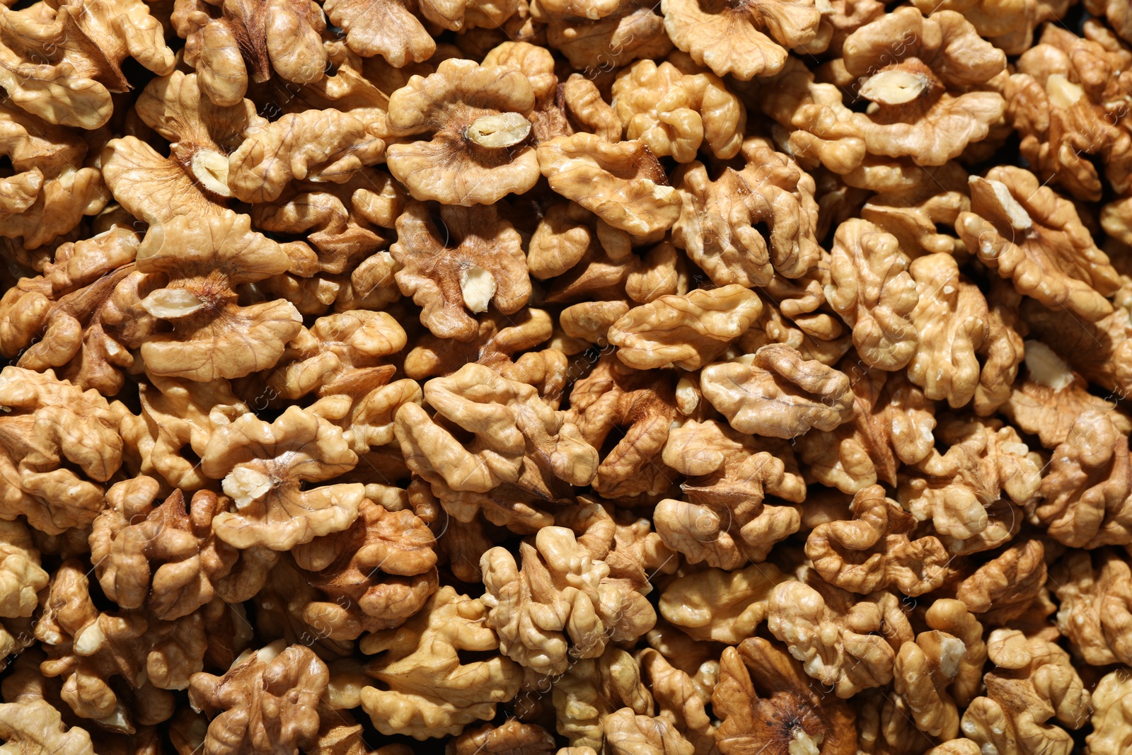 Photo of Pile of fresh ripe walnuts as background, top view