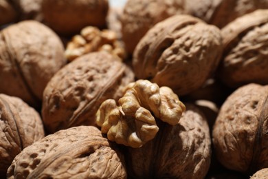 Photo of Fresh walnuts in shells and shelled one as background, closeup