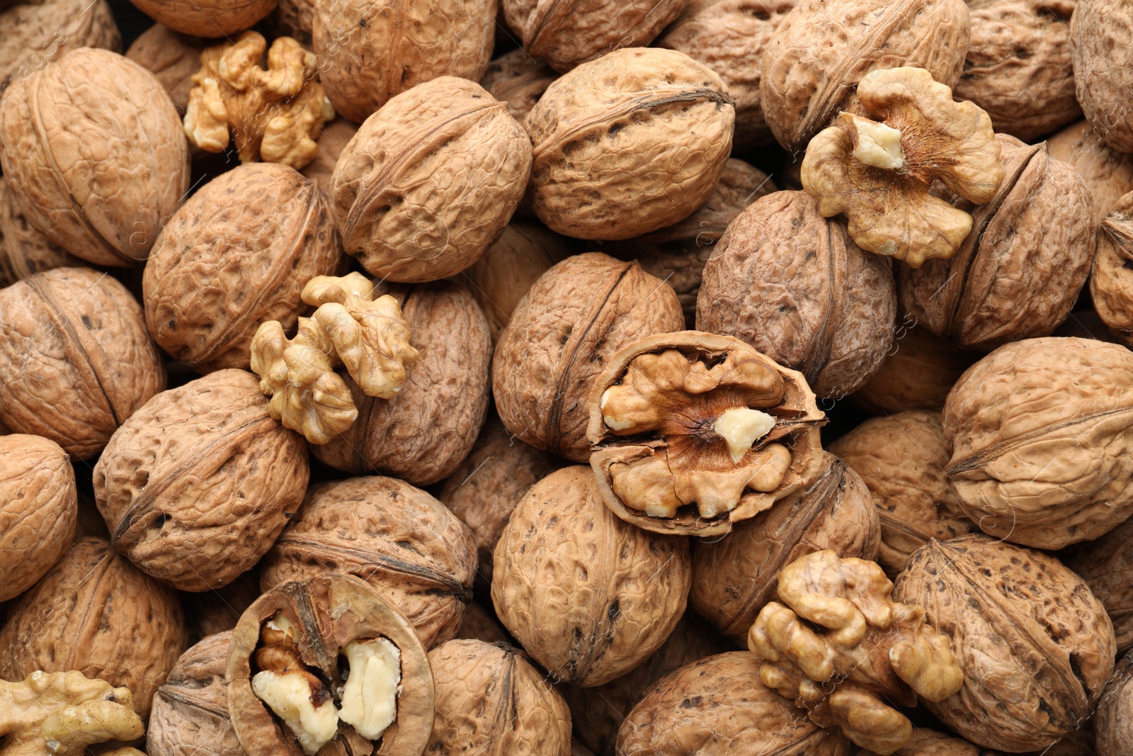 Photo of Fresh walnuts in shells and shelled ones as background, top view