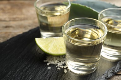 Photo of Mexican tequila shots, slice of lime, salt and agave leaves on table, closeup. Space for text