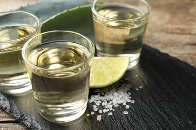 Photo of Mexican tequila shots, slice of lime, salt and agave leaves on table, closeup. Space for text