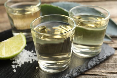 Photo of Mexican tequila shots, slice of lime, salt and agave leaves on wooden table, closeup