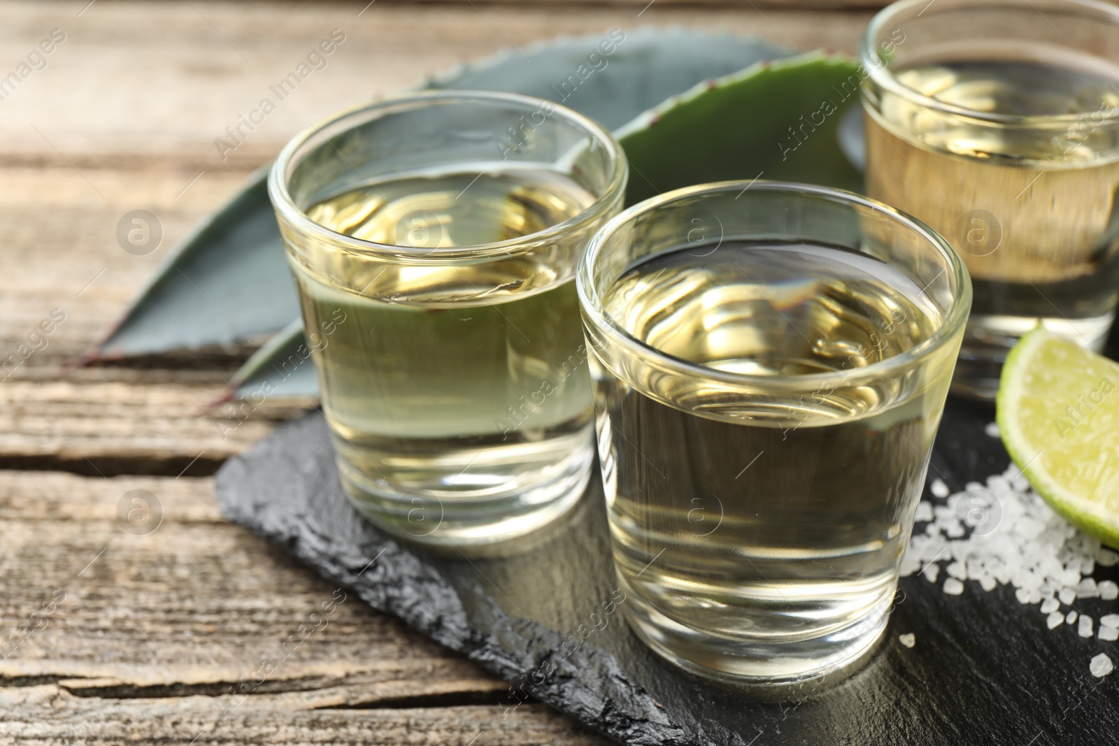 Photo of Mexican tequila shots, slice of lime, salt and agave leaves on wooden table, closeup