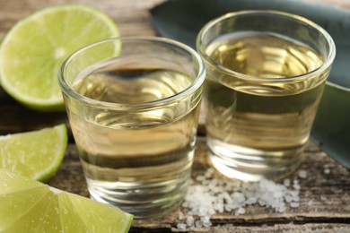 Photo of Mexican tequila shots, slices of lime, salt and agave leaves on wooden table, closeup