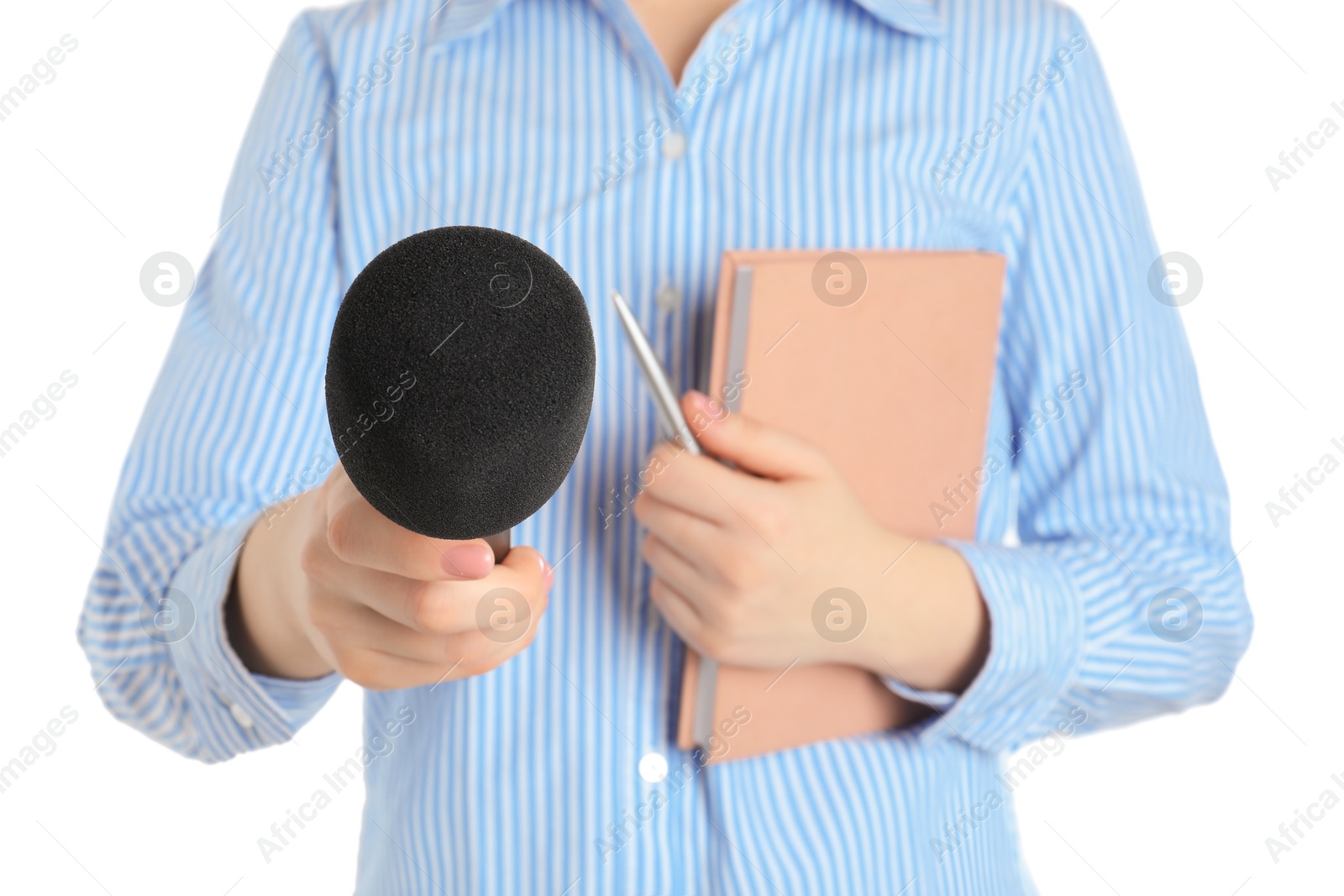 Photo of Journalist with microphone, notebook and pen on white background, closeup