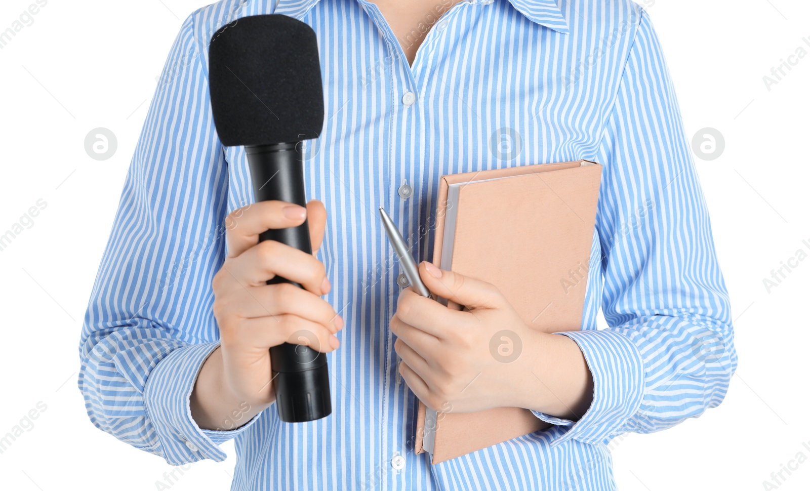 Photo of Journalist with microphone, notebook and pen on white background, closeup