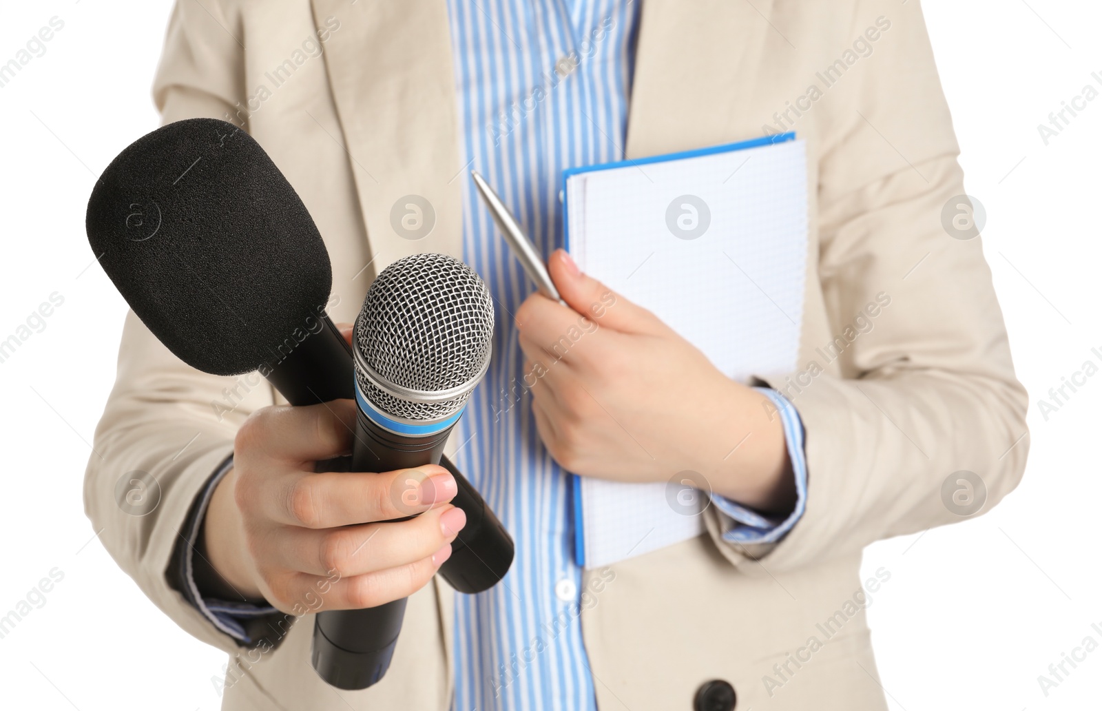 Photo of Journalist with microphones, notebook and pen on white background, closeup