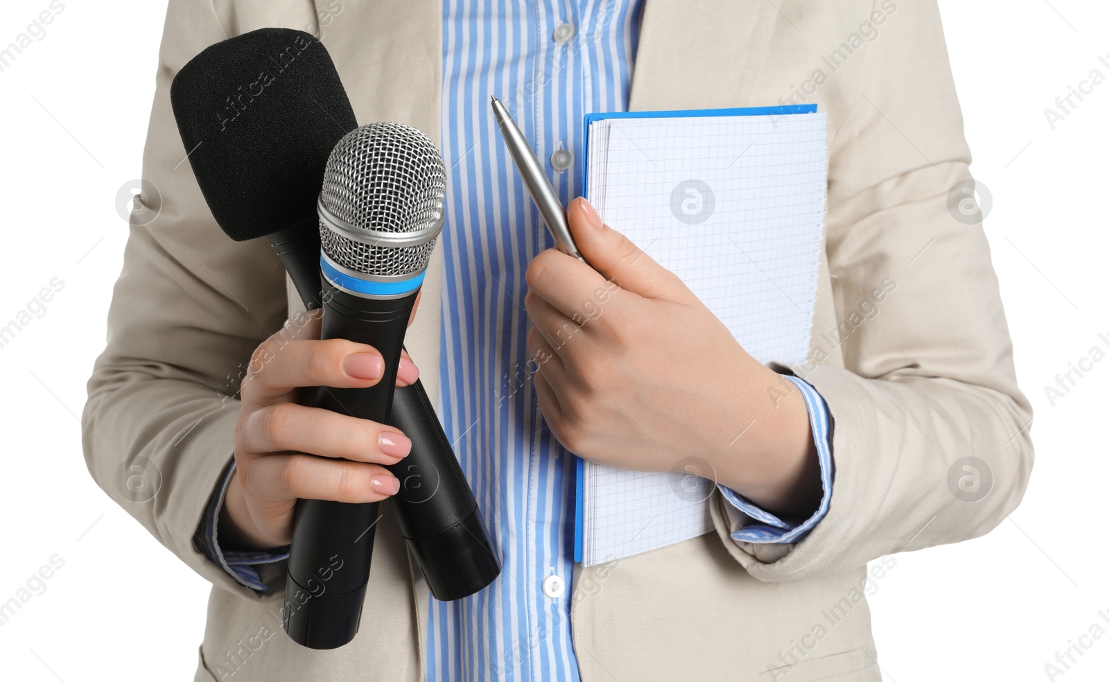 Photo of Journalist with microphones, notebook and pen on white background, closeup