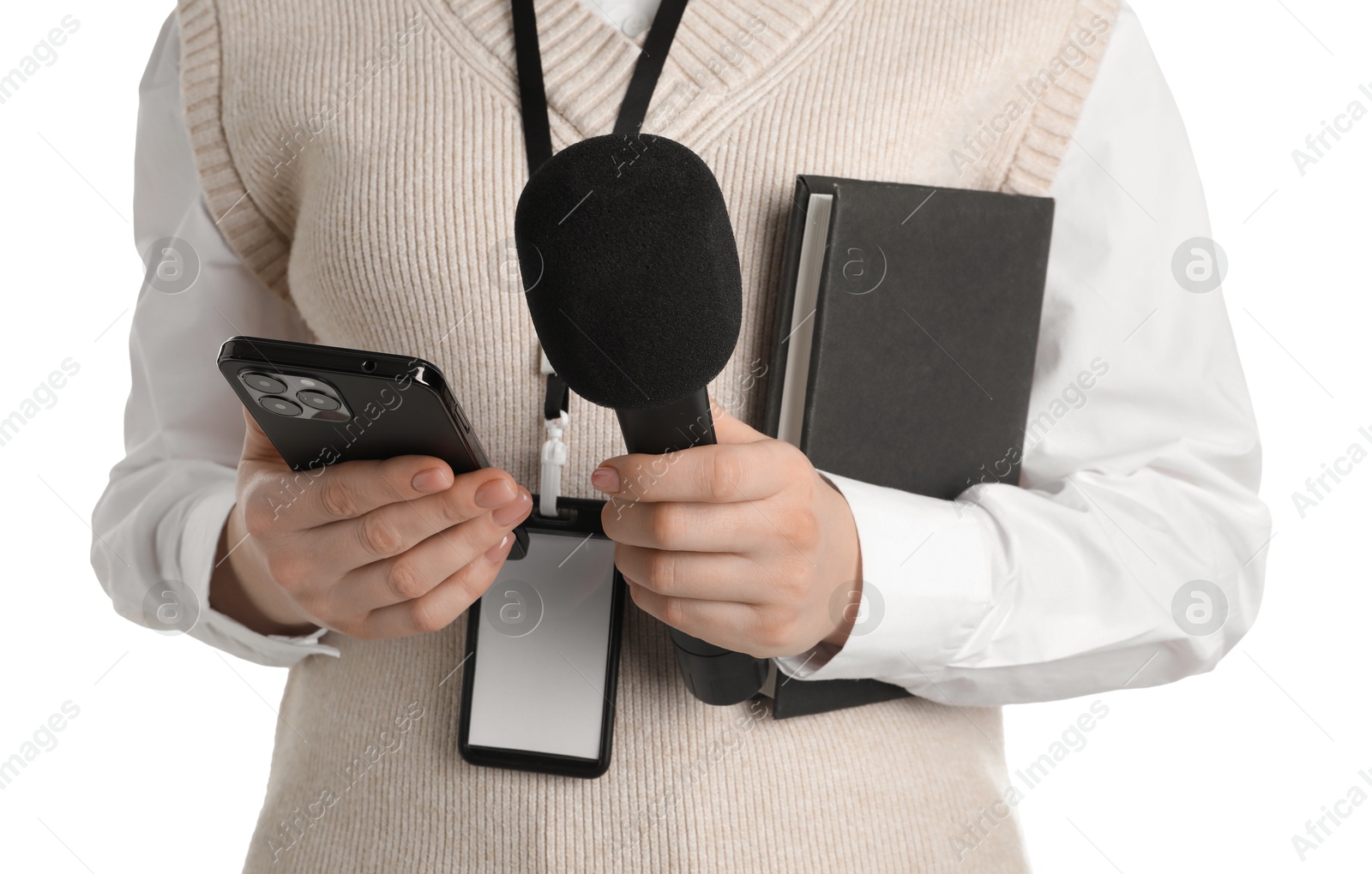 Photo of Journalist with microphones, smartphone and notebook on white background, closeup