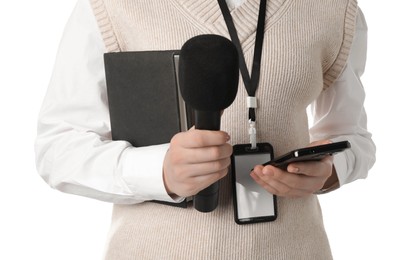 Photo of Journalist with microphones, smartphone and notebook on white background, closeup