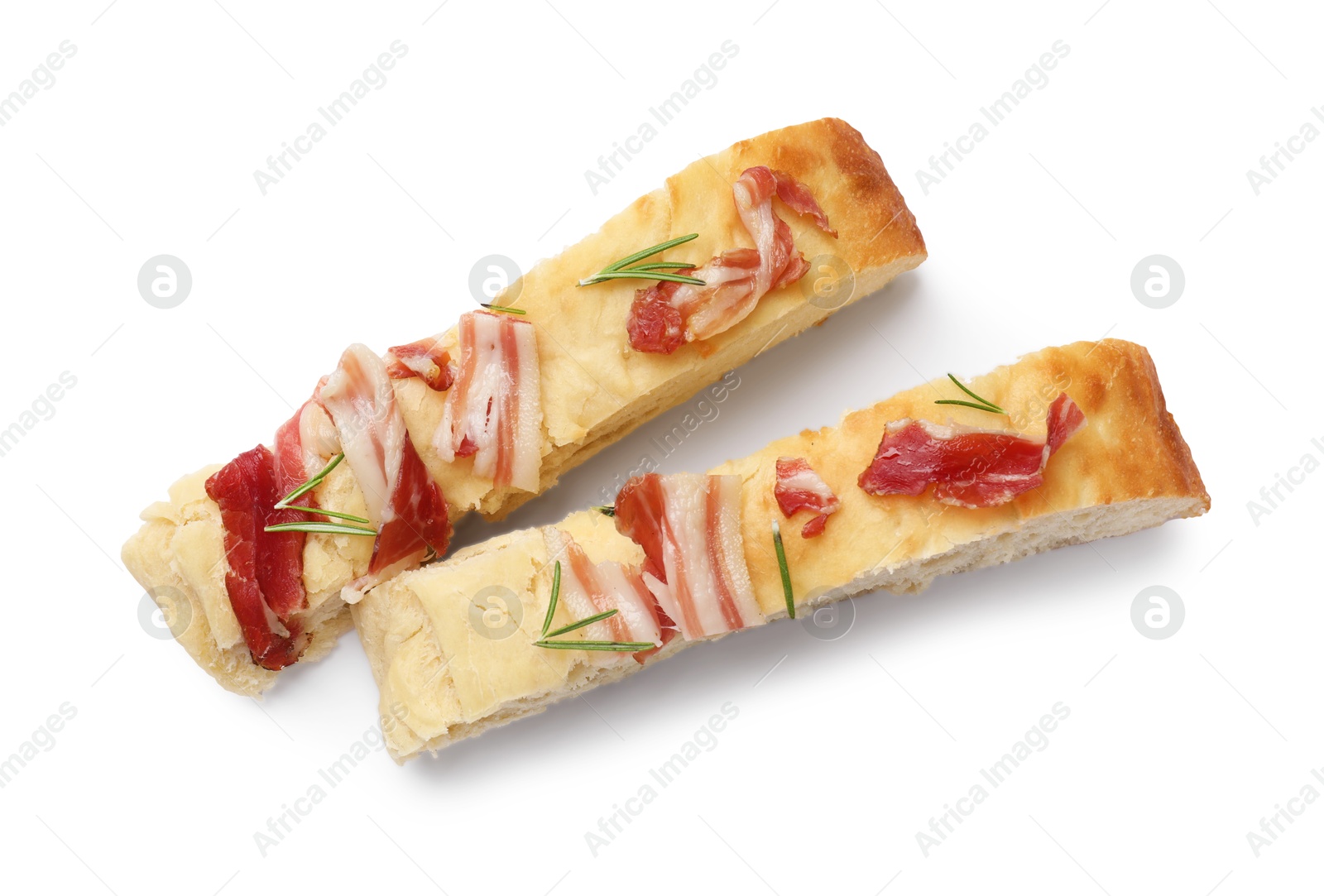 Photo of Slices of delicious focaccia bread with bacon and rosemary isolated on white, top view