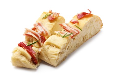 Photo of Slices of delicious focaccia bread with bacon and rosemary isolated on white