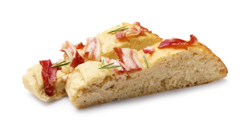 Photo of Slices of delicious focaccia bread with bacon and rosemary isolated on white