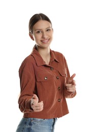 Photo of Portrait of smiling teenage girl gesturing on white background