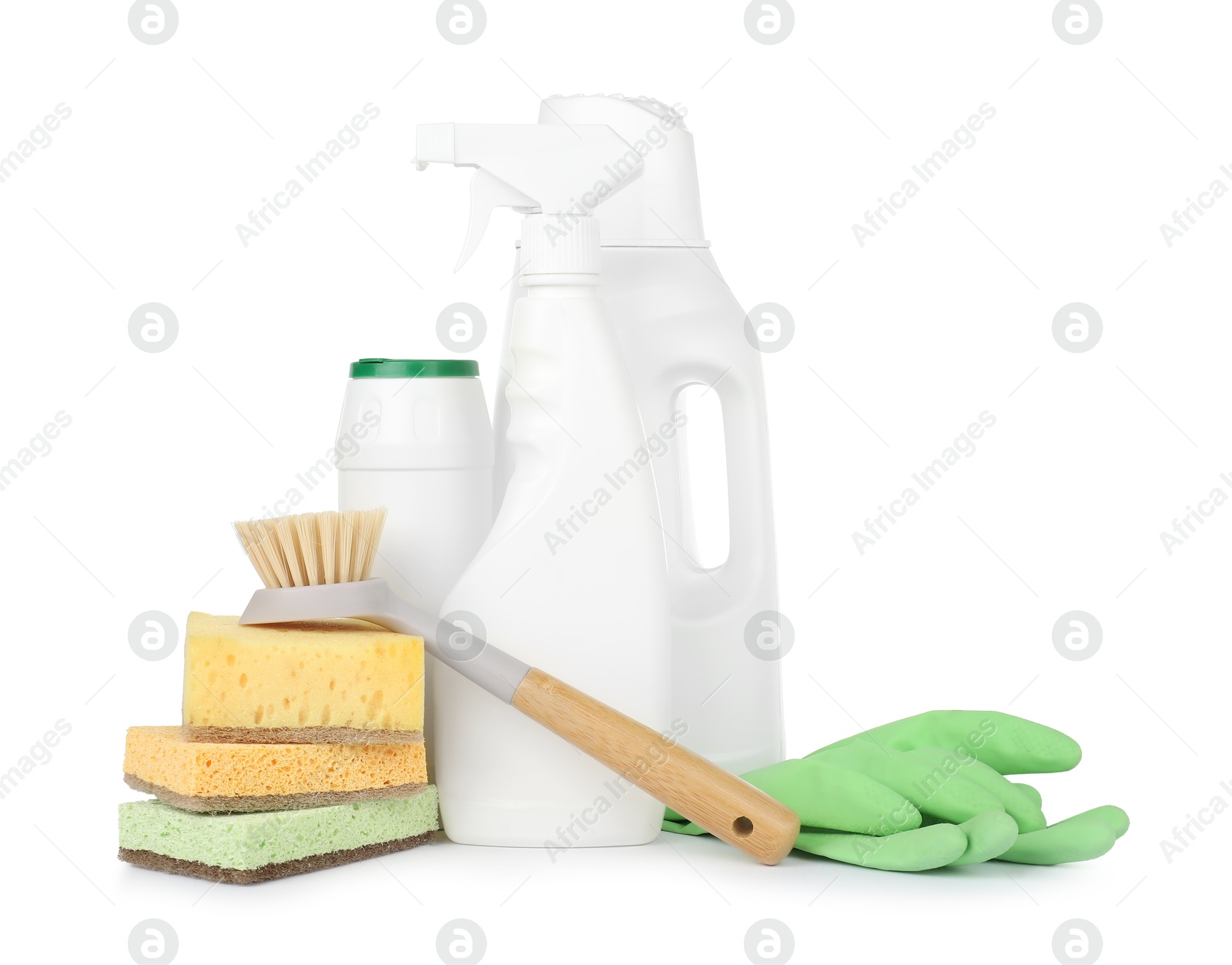 Photo of Eco-friendly cleaning products and supplies isolated on white