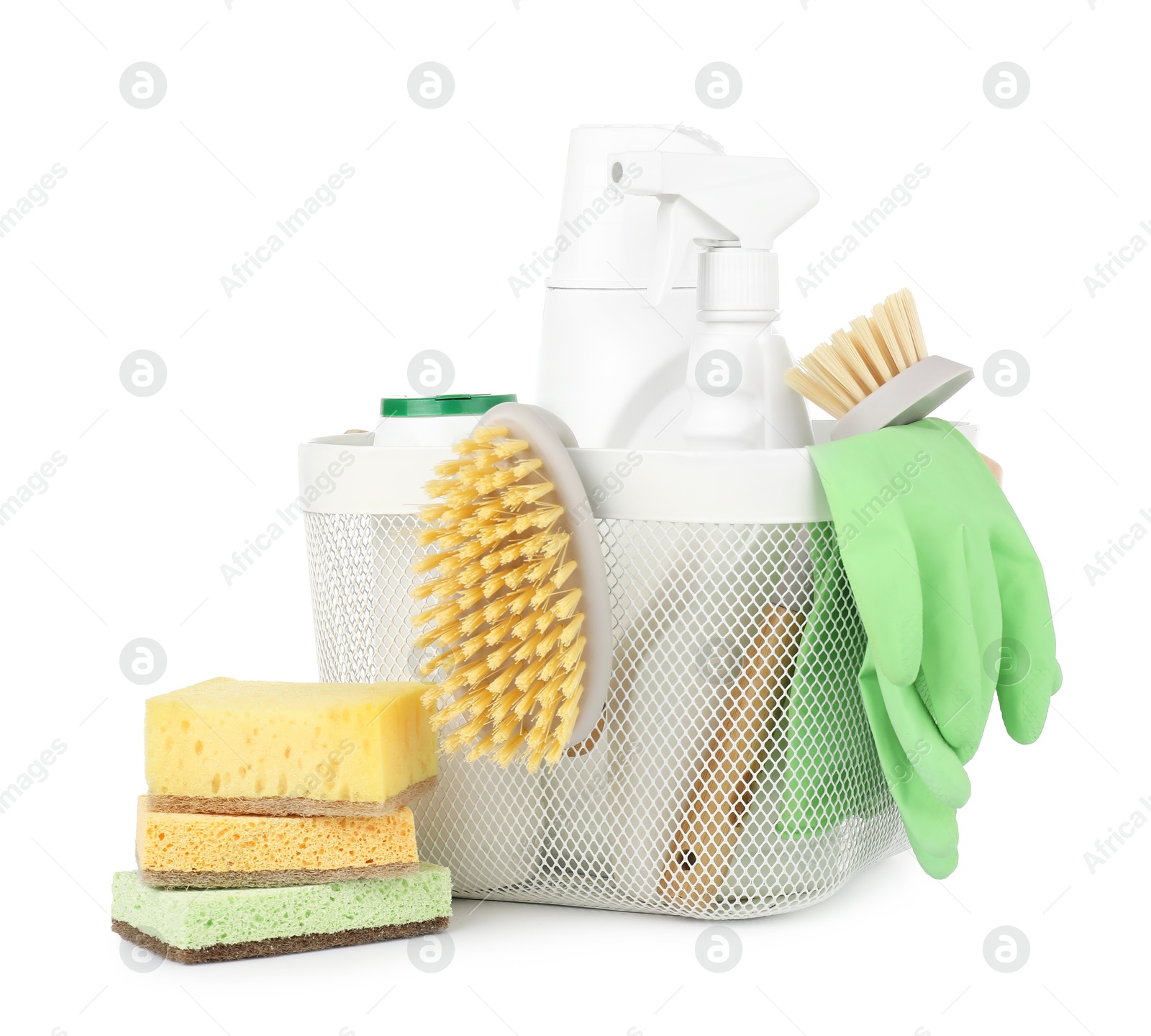 Photo of Eco-friendly cleaning products and supplies in basket isolated on white