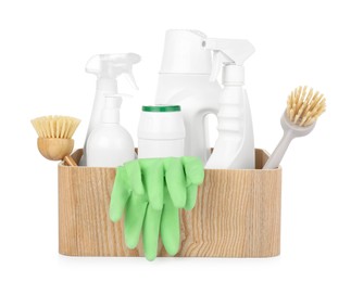 Photo of Eco-friendly cleaning products and supplies in wooden crate isolated on white