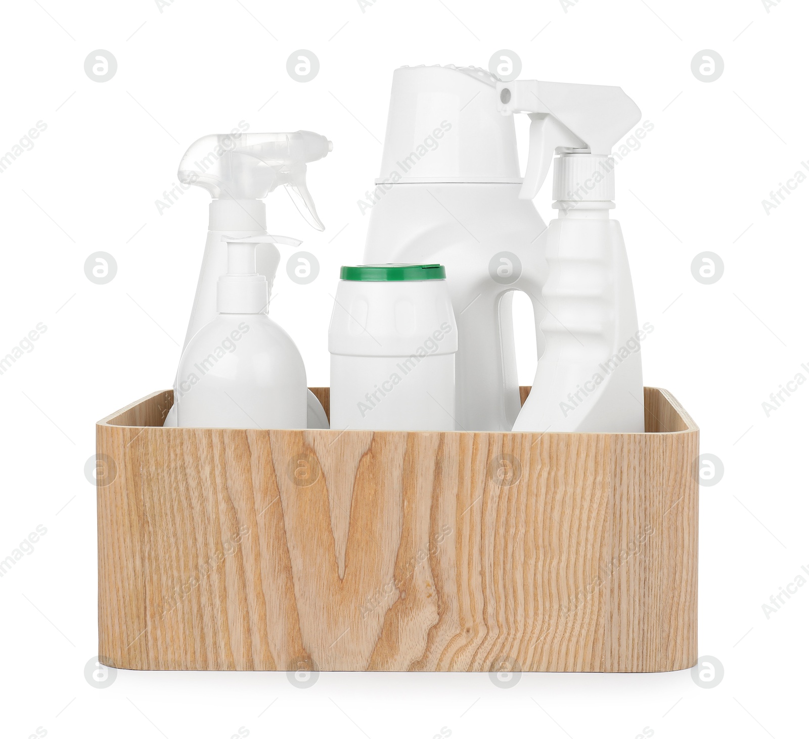 Photo of Different cleaning products in wooden crate isolated on white