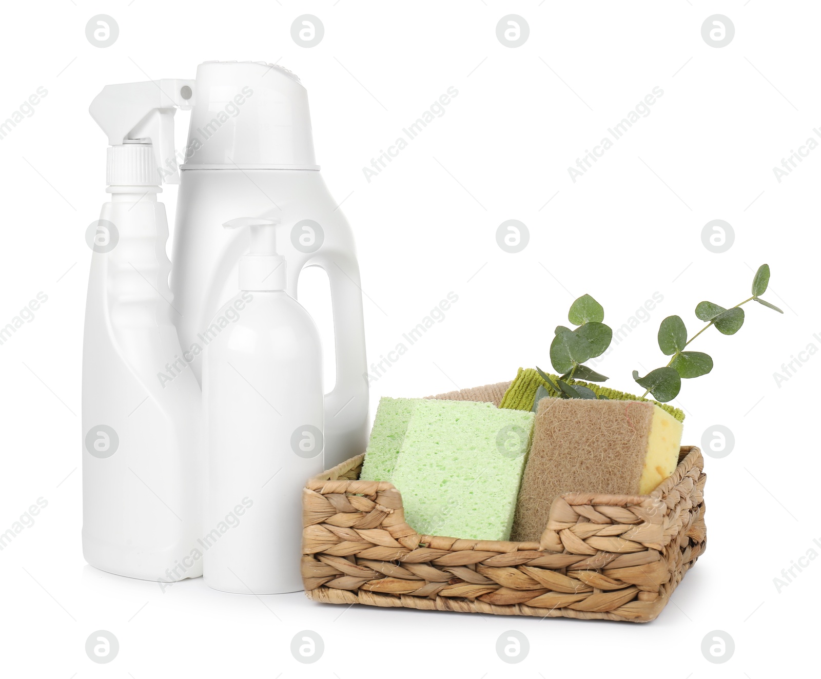 Photo of Eco-friendly cleaning products, supplies and eucalyptus branches isolated on white