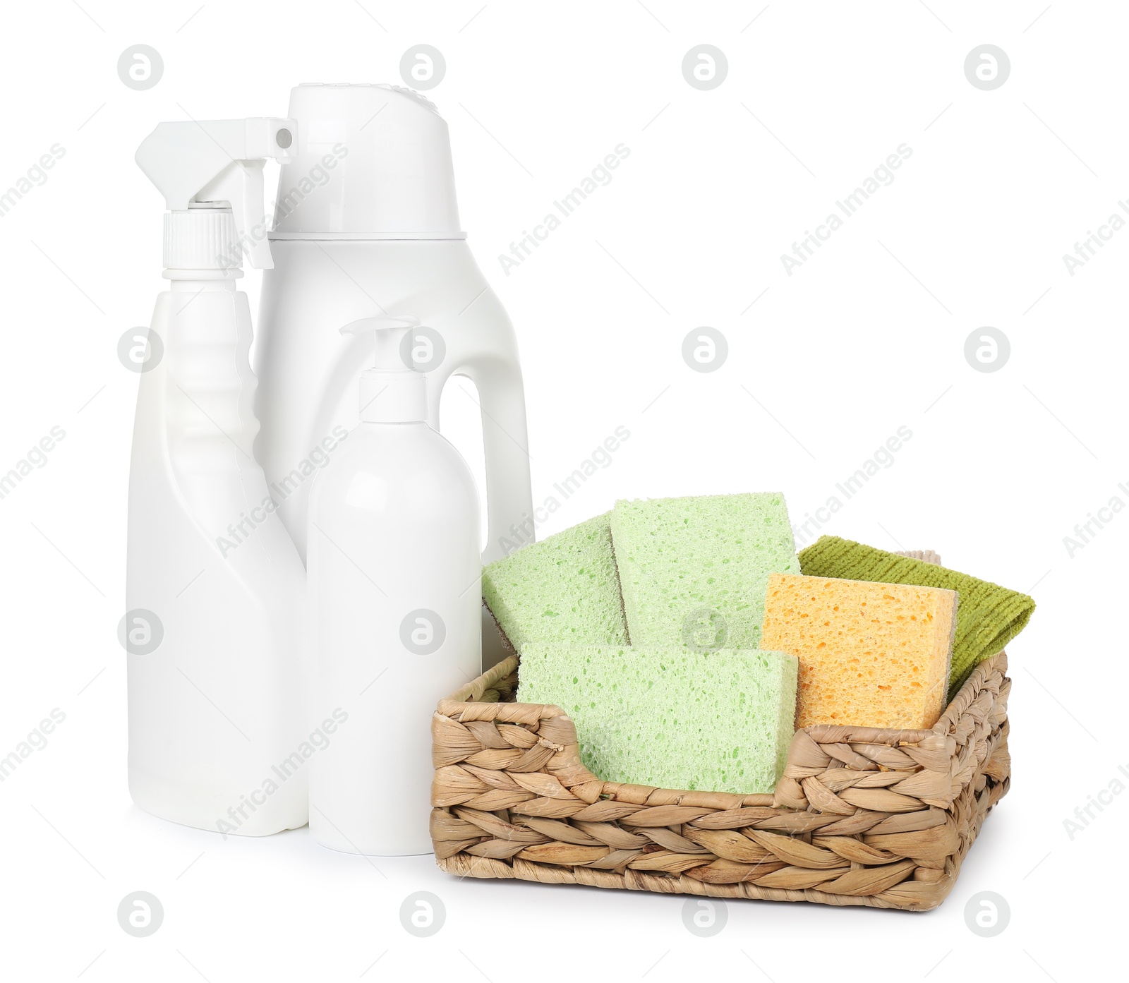 Photo of Eco-friendly cleaning products and supplies isolated on white