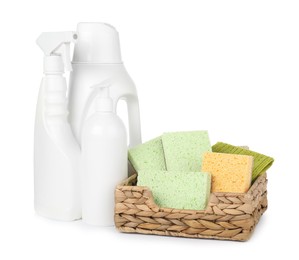 Photo of Eco-friendly cleaning products and supplies isolated on white