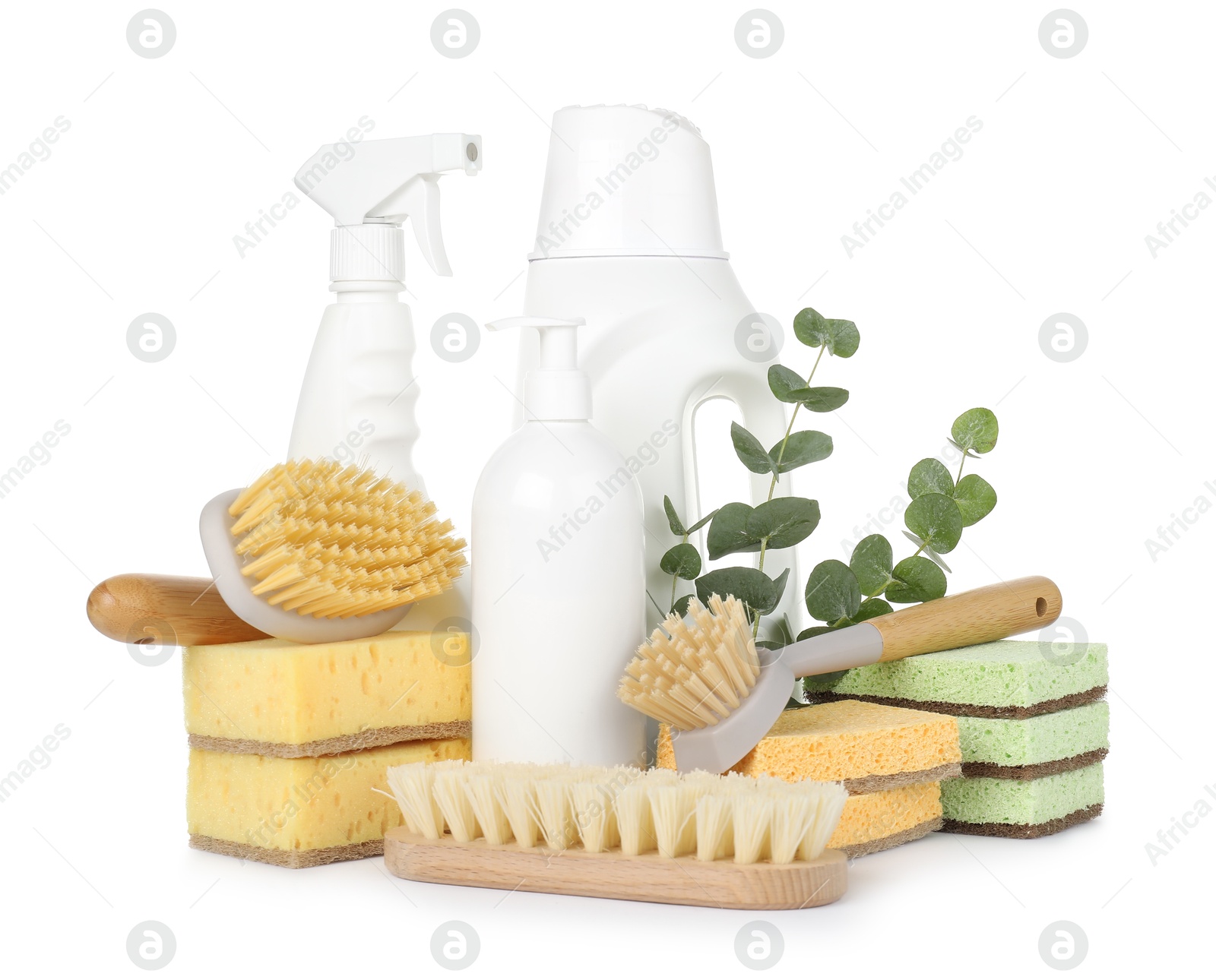 Photo of Eco-friendly cleaning products, supplies and eucalyptus branches isolated on white