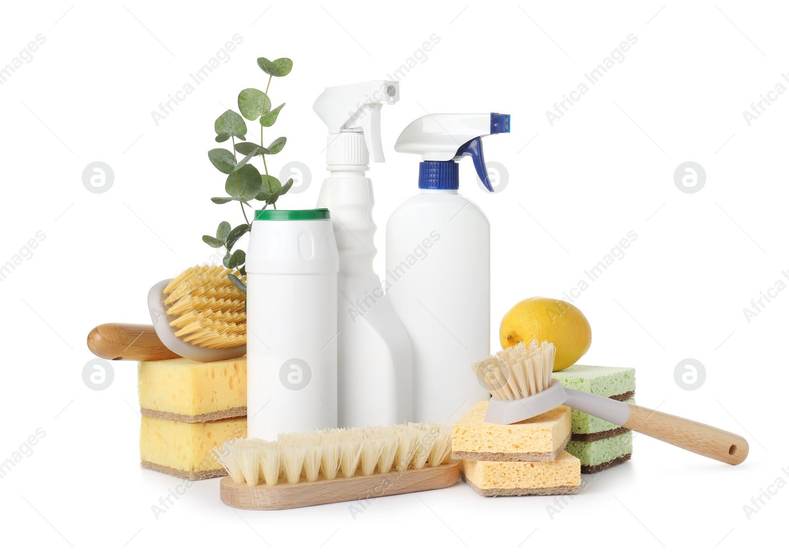 Photo of Eco-friendly cleaning products, supplies and eucalyptus branches isolated on white