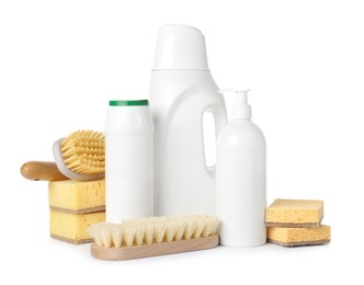 Photo of Eco-friendly cleaning products and supplies isolated on white