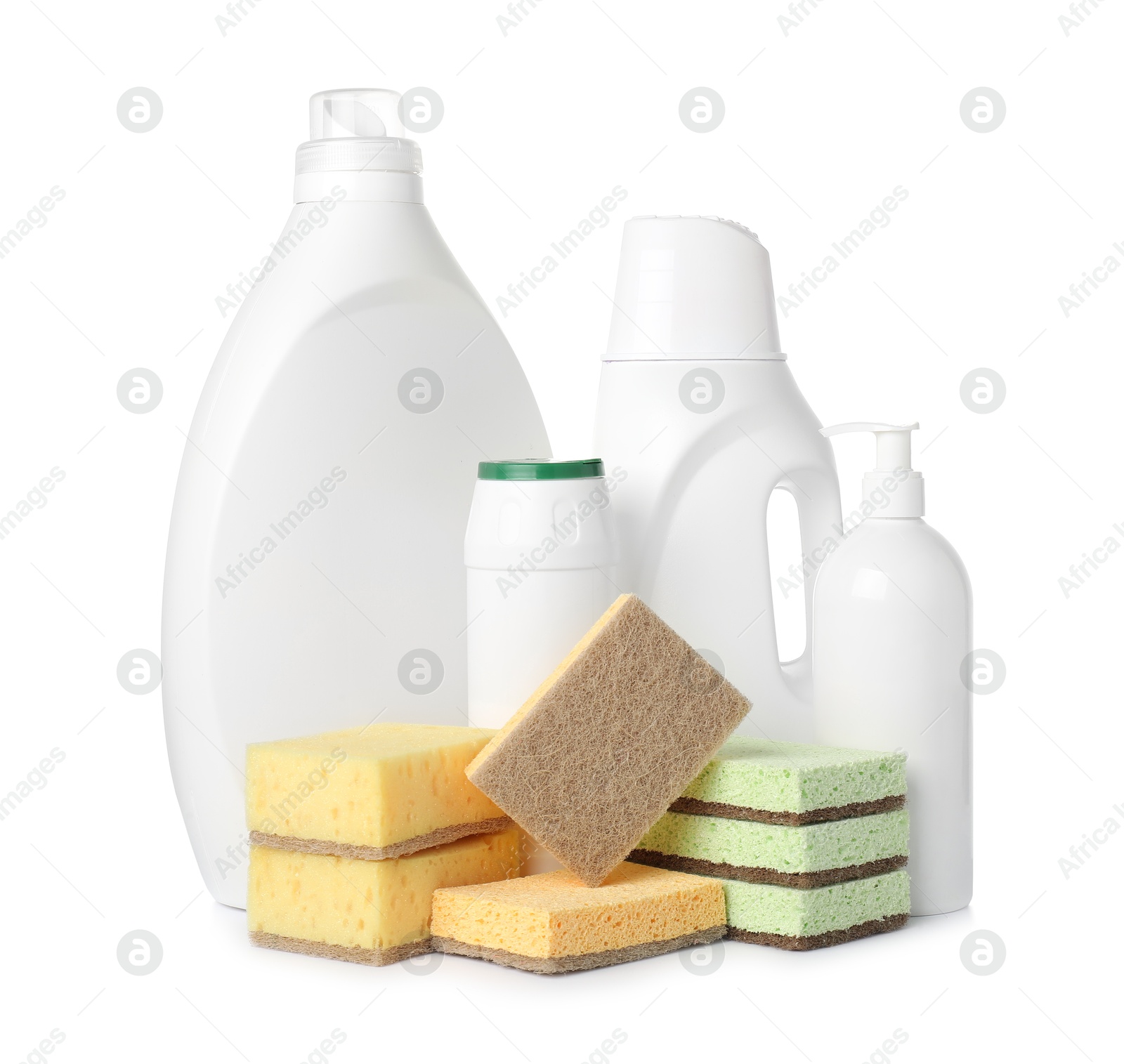 Photo of Eco-friendly cleaning products and supplies isolated on white