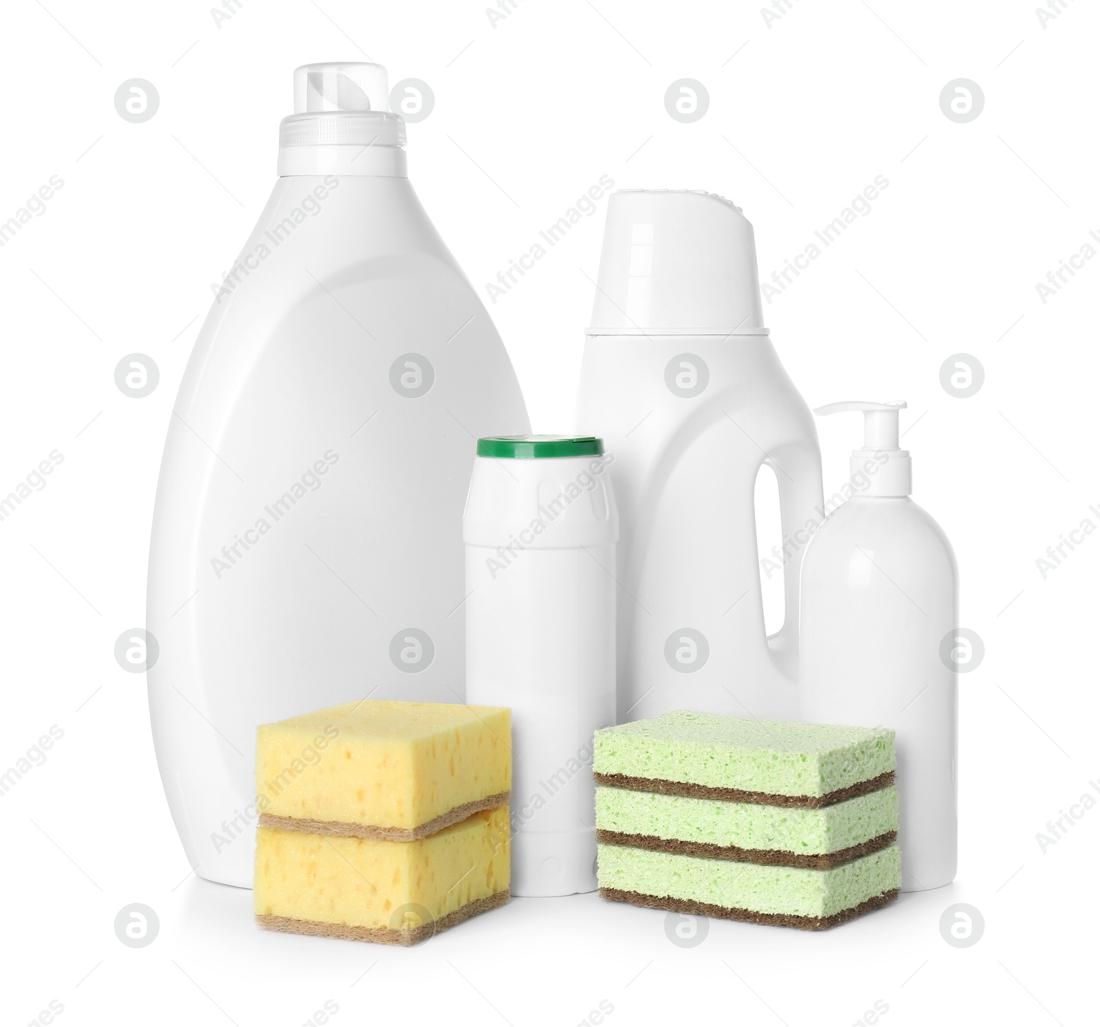 Photo of Eco-friendly cleaning products and sponges isolated on white