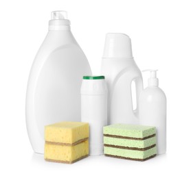 Photo of Eco-friendly cleaning products and sponges isolated on white