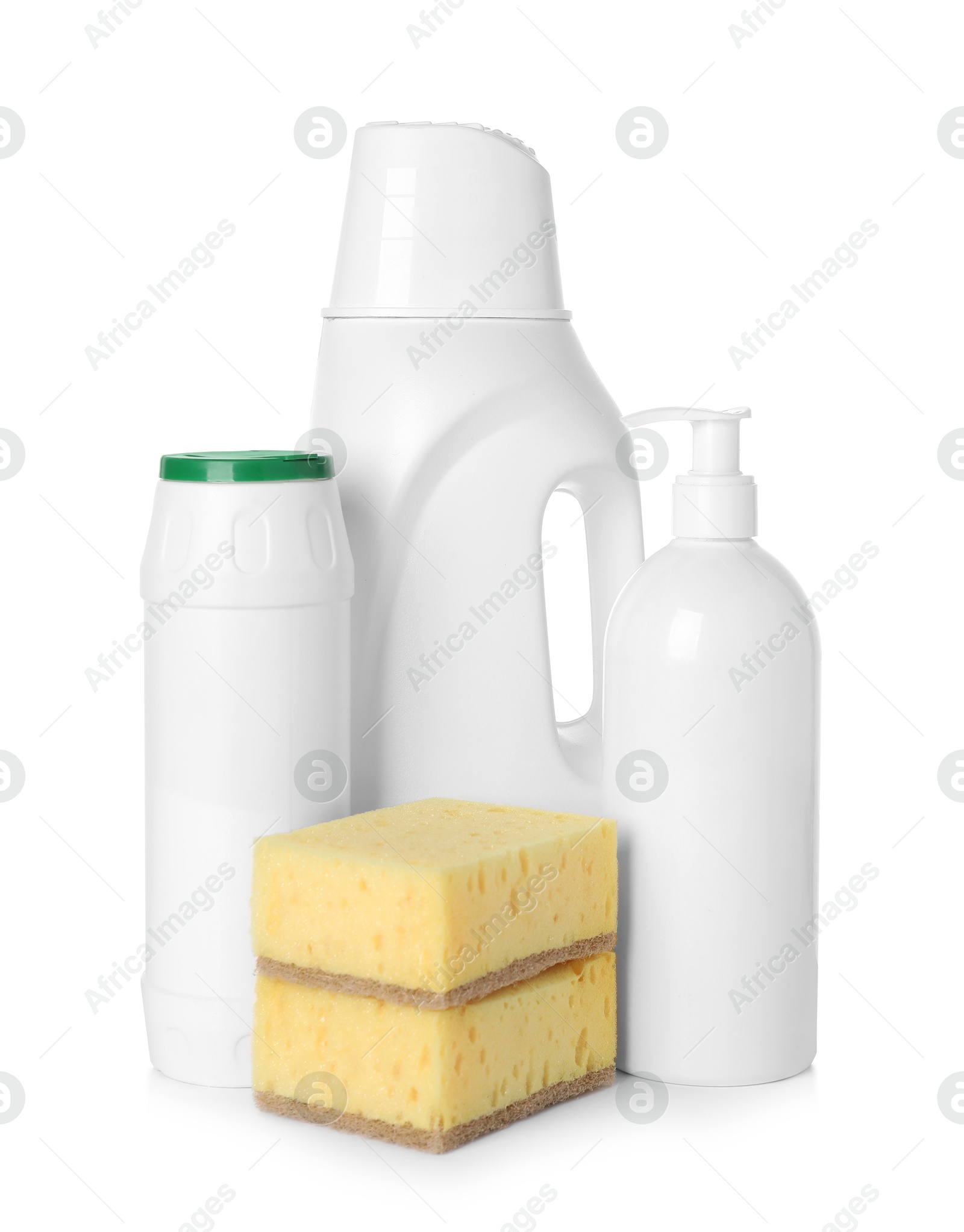 Photo of Eco-friendly cleaning products and sponges isolated on white