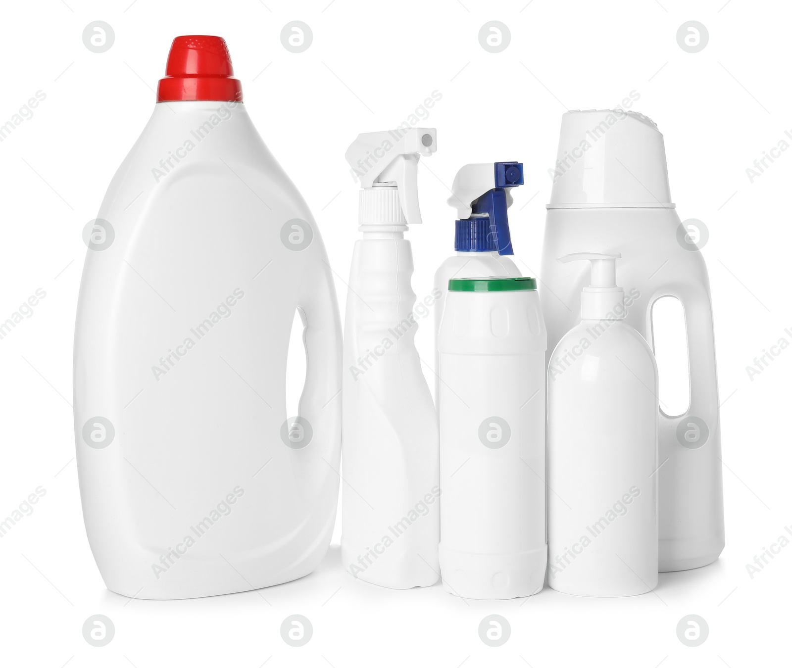 Photo of Bottles of different cleaning products isolated on white