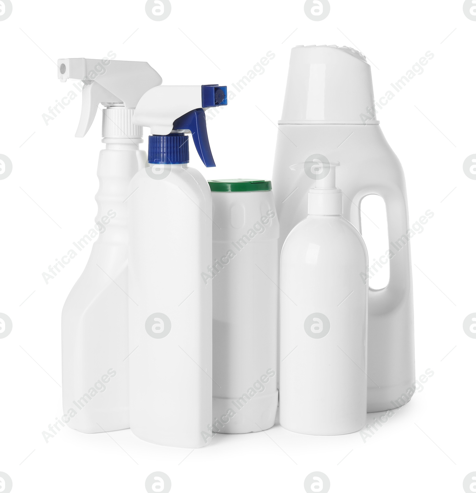 Photo of Bottles of different cleaning products isolated on white