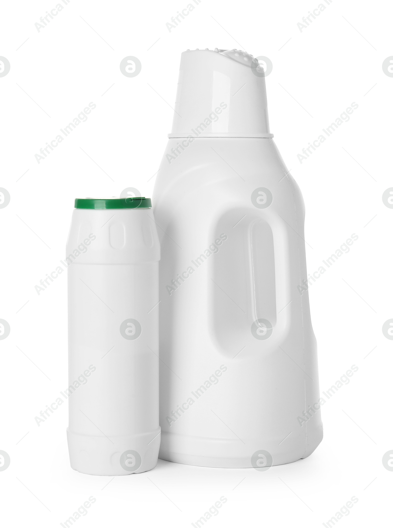 Photo of Bottles of cleaning products isolated on white