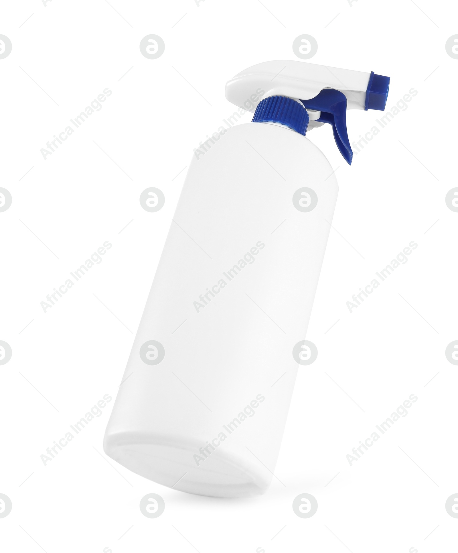 Photo of Spray bottle of cleaning product in air isolated on white