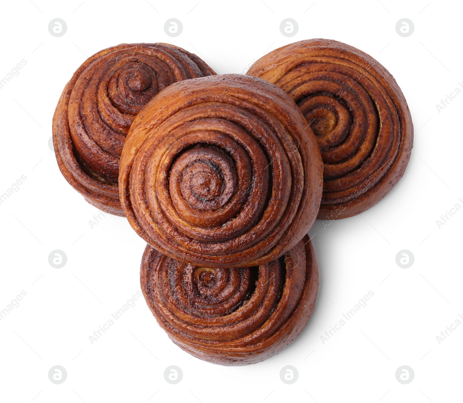 Photo of Delicious cinnamon roll buns isolated on white, top view