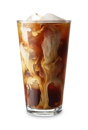 Photo of Refreshing iced coffee with milk in glass isolated on white