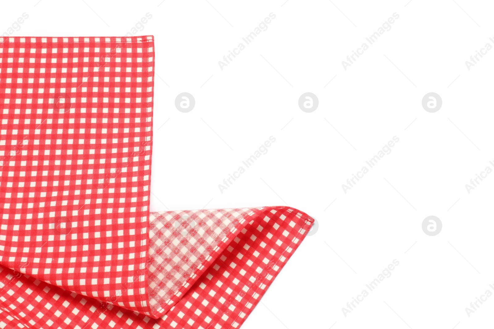 Photo of Red checkered tablecloth isolated on white, top view