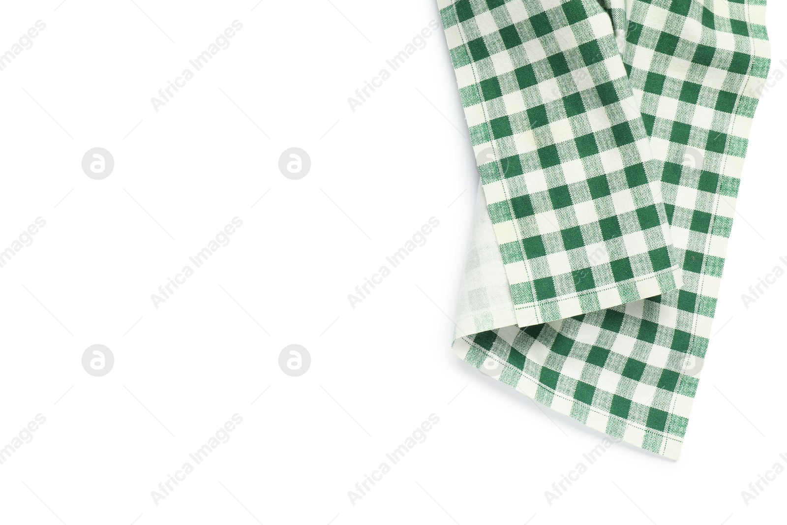 Photo of Green checkered tablecloth isolated on white, top view