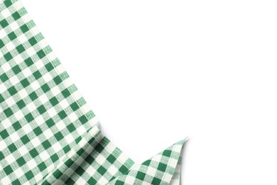 Photo of Green checkered tablecloth isolated on white, top view