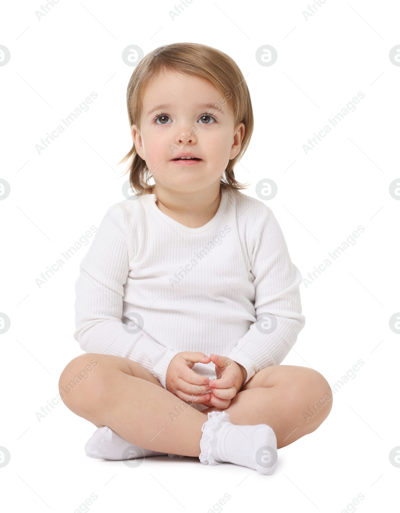 Photo of Cute little baby girl on white background