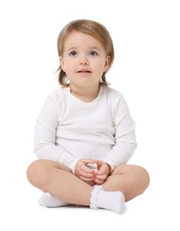 Photo of Cute little baby girl on white background