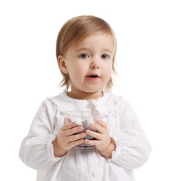 Photo of Cute little baby girl eating snack on white background