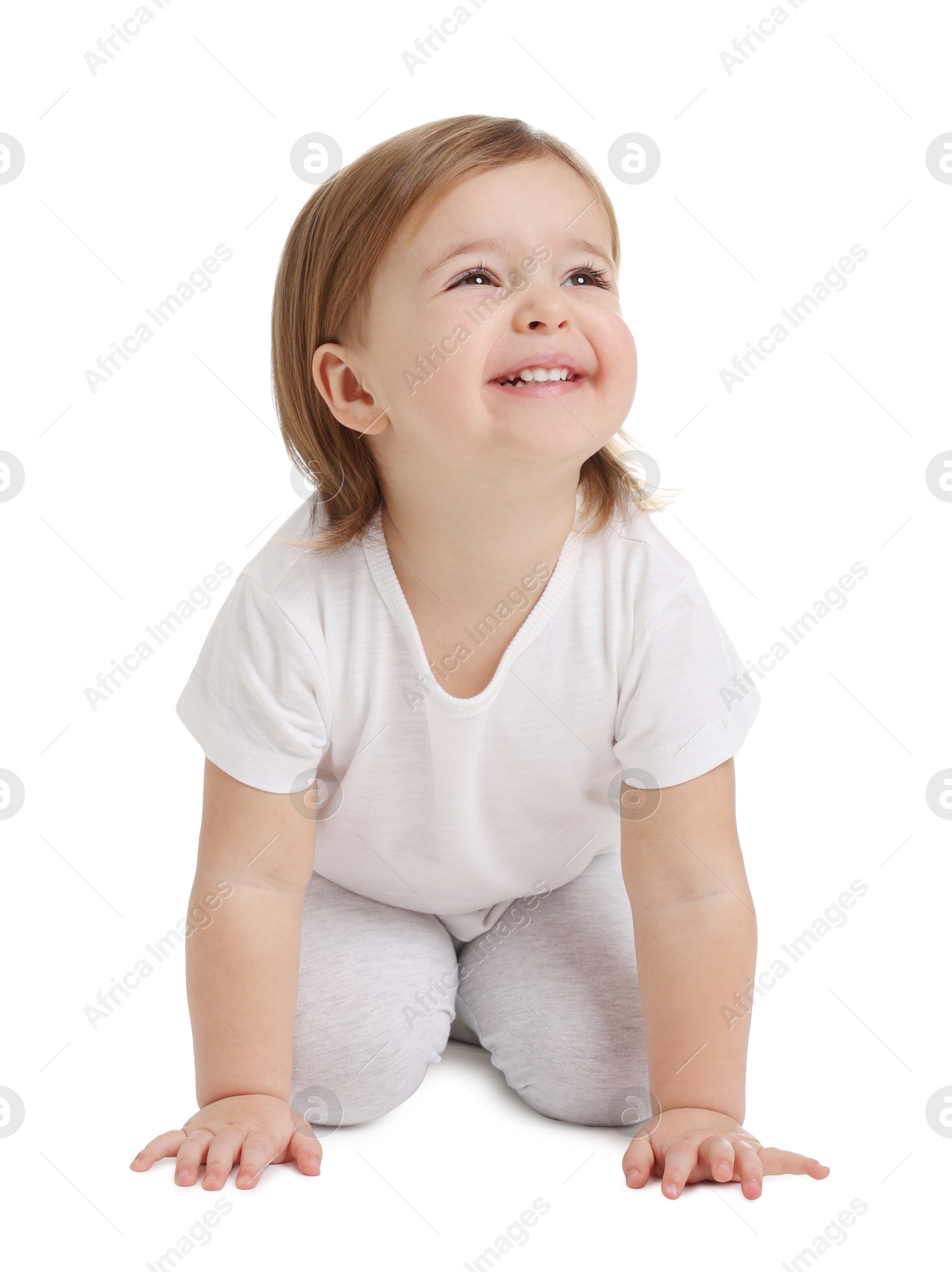 Photo of Cute little baby girl on white background