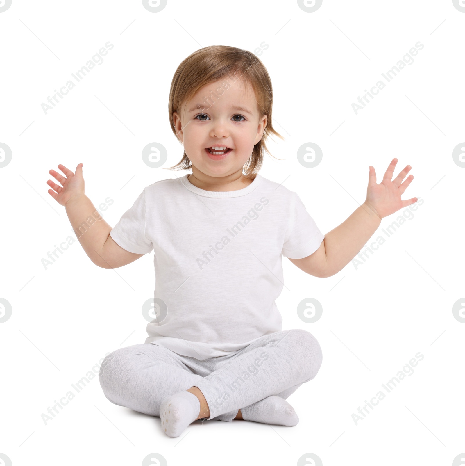 Photo of Cute little baby girl on white background